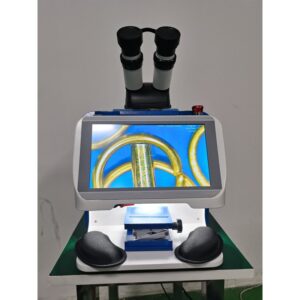 Desktop jewelry laser welding machine blue front view with binocular microscope