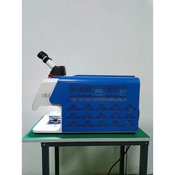 Desktop jewelry laser welding machine blue side view with microscope